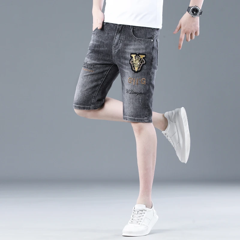 夏季新款刺绣牛仔短裤男五分裤高端潮牌帅气5分休闲弹力中裤子男