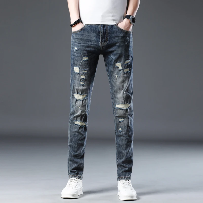 男士深蓝韩版破洞潮流牛仔裤男款修身小脚弹力春夏款男牛仔裤819