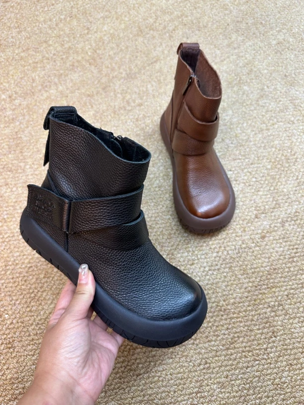 头层牛皮厚底显瘦软底短靴