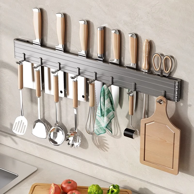 厨房刀架置物架壁挂式免打孔刀具收纳架挂钩铲子勺子菜板一体挂架