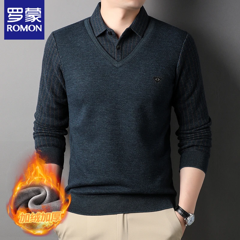 罗蒙秋冬新款男士加绒加厚长袖翻领T恤男装商务休闲假两件上衣