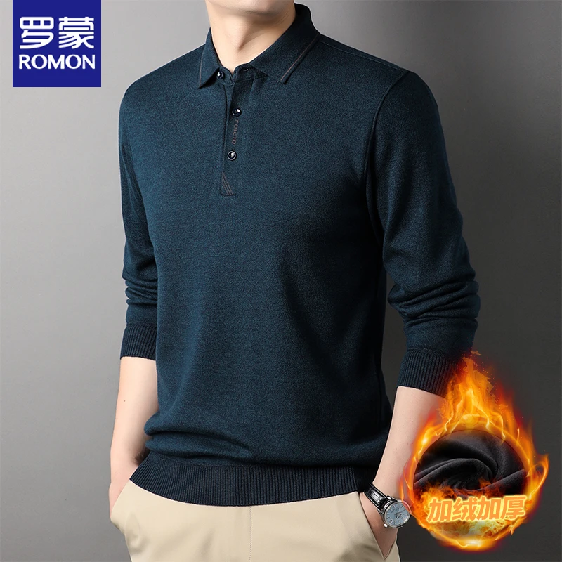 罗蒙秋冬男士加绒加厚长袖翻领纯色T恤中年男装保暖针织Polo衫