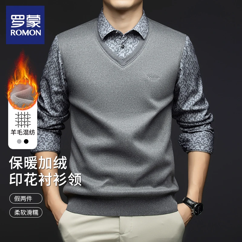 罗蒙男士假两件衬衫领加绒POLO衫冬季新款休闲印花加厚保暖上衣