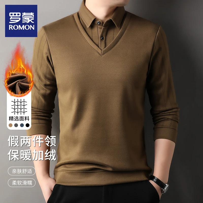罗蒙时尚条纹假两件加绒POLO衫男士冬季新款休闲柔软舒适保暖上衣