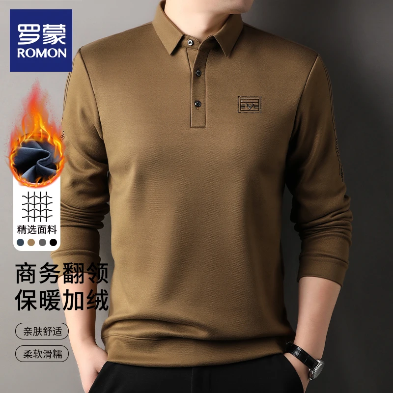 罗蒙商务翻领含羊毛桑蚕丝加绒POLO衫男冬季新款柔软舒适纯色上衣