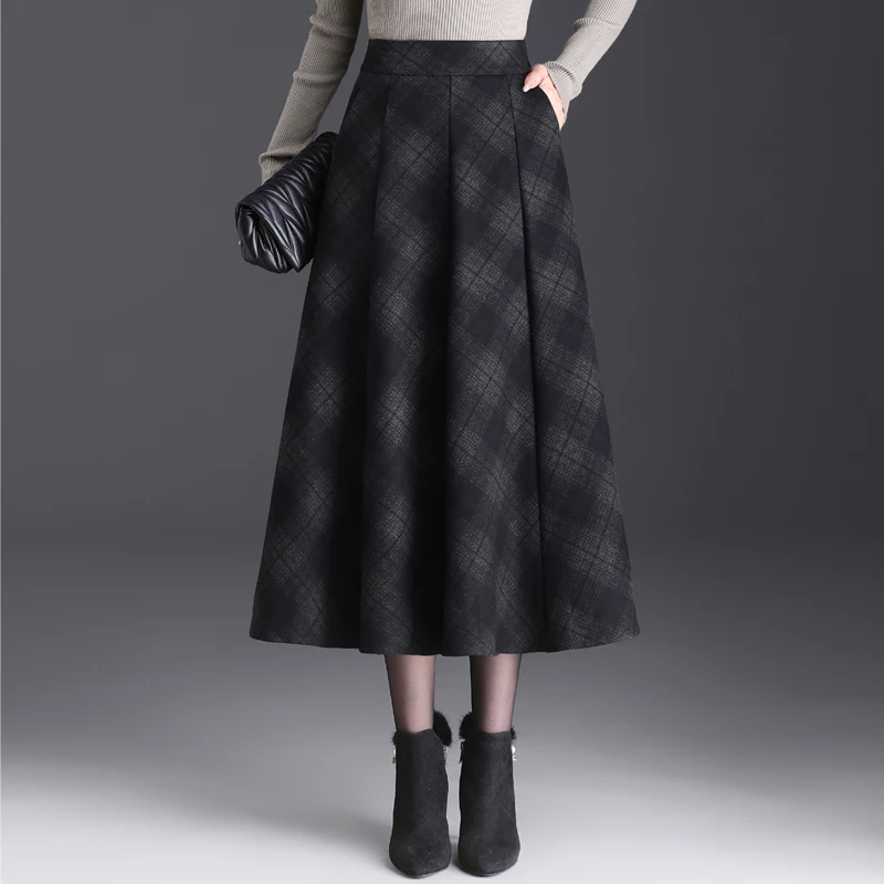 毛呢格子半身裙女秋冬八片裙高腰a字裙中长款百褶裙显瘦垂感长裙