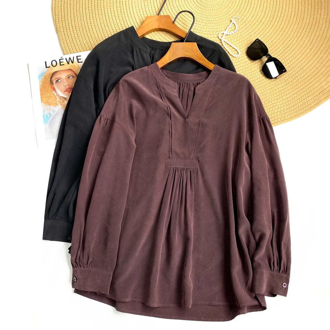 【纸片人】04双绉砂洗V领长袖上衣（230674）