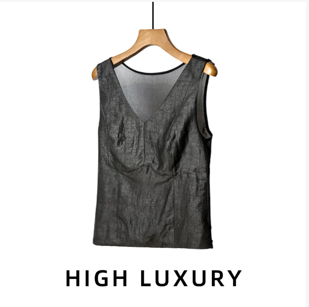 【江长卿】非遗香云纱 桑蚕丝真丝后背网纱背心（230654）