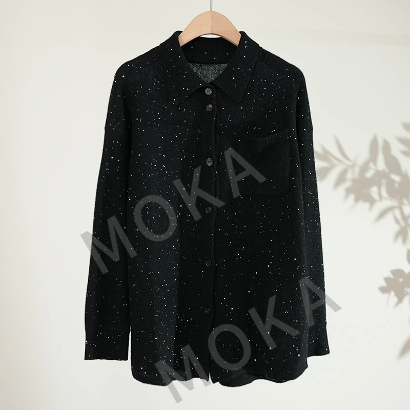 意大利外贸订单BC*早秋新款翻领钉珠亮片女士毛衣（241305）2369