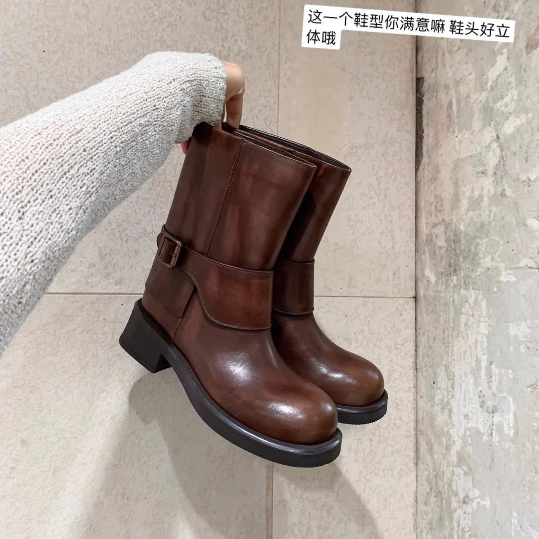 牛皮版~i苏茵茵同款气质圆头复古做旧粗跟马丁靴女西部牛仔骑士靴