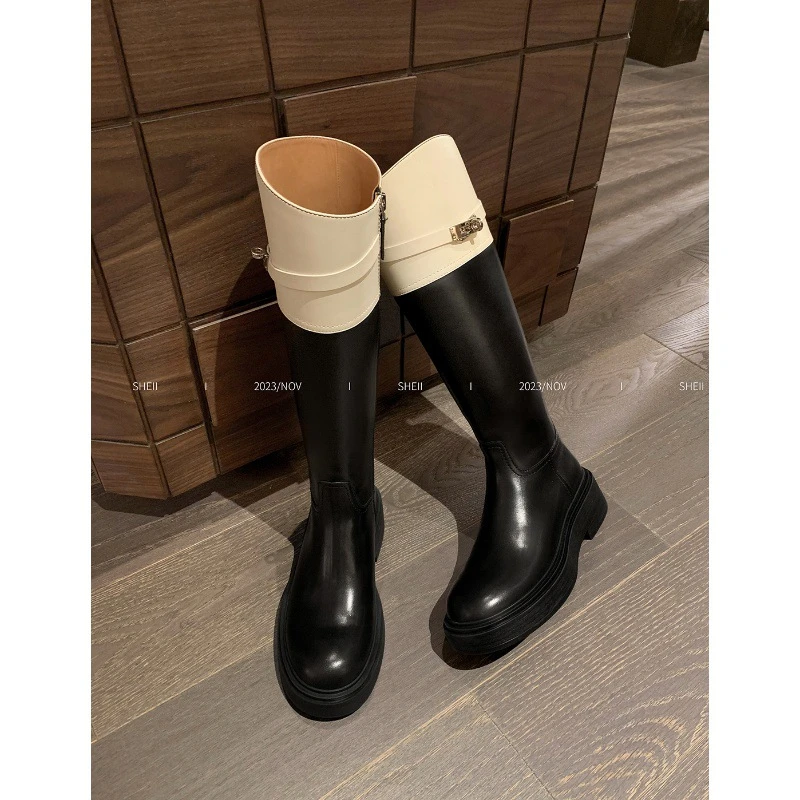 牛皮版~苏茵茵同款圆头拼色锁扣粗跟中高筒靴子真皮骑士靴女长靴