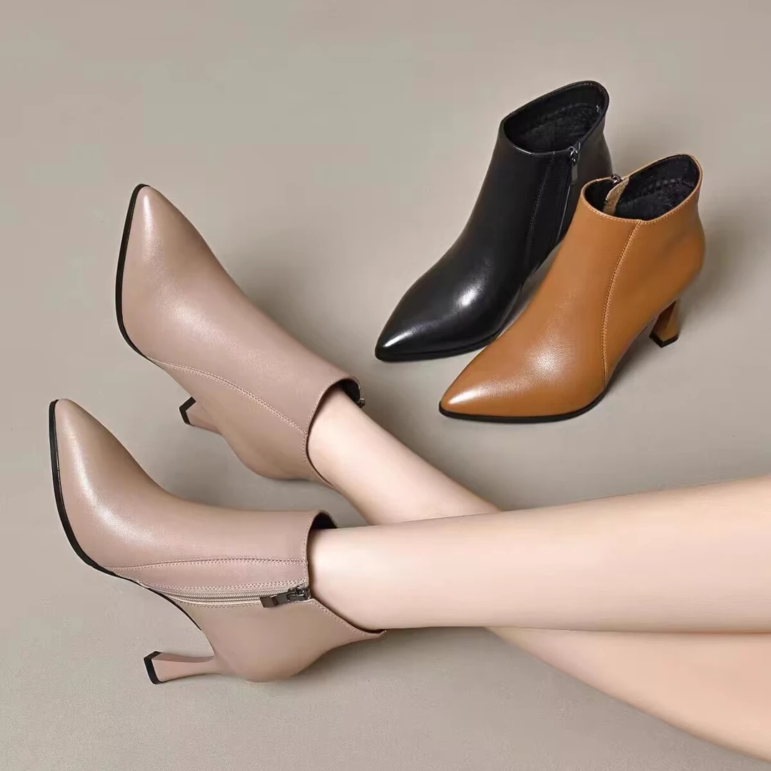 细跟高跟鞋女真皮短靴2024冬季新款尖头时尚加绒高跟鞋冬季加绒