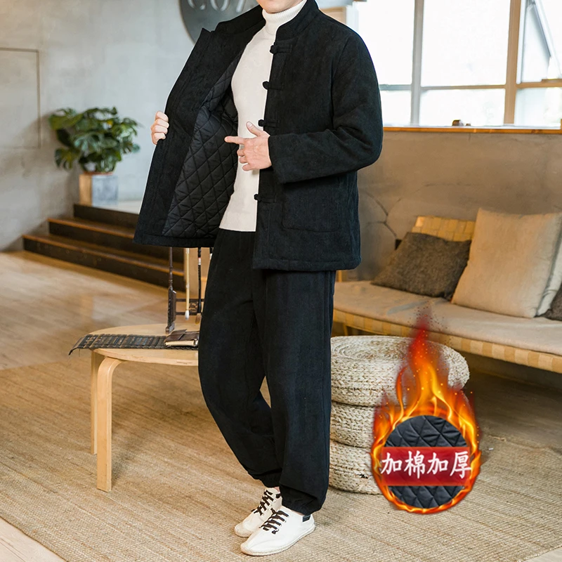 23冬季新款中国风男装棉衣套装加厚加绒两件套中式复古唐装居士服
