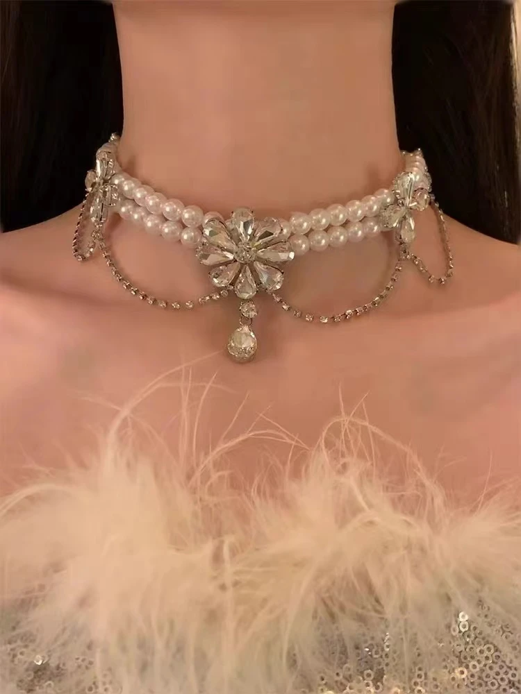 铜合金项链 晚宴锁骨链满钻高级感夸张礼服水晶项链潮百搭时尚