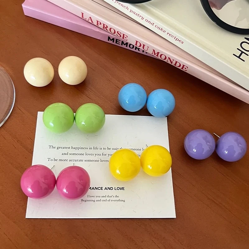 铜合金耳饰  6对装-马卡龙彩色糖果球球立体耳环