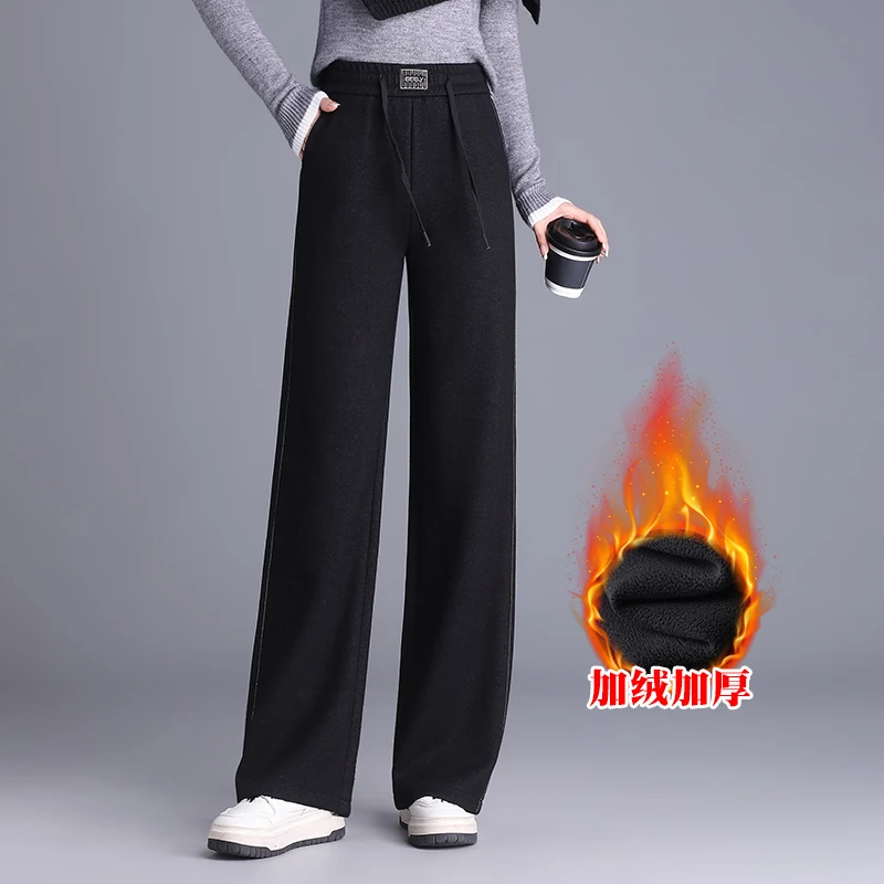 松紧腰咖啡色毛呢裤女冬季新款加绒加厚宽松显瘦休闲裤阔腿裤长裤