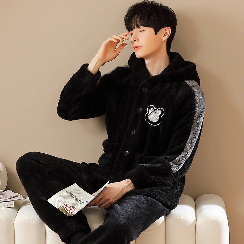 冬季珊瑚绒睡衣男款加绒加厚法兰绒休闲男士家居服可外穿套装冬款