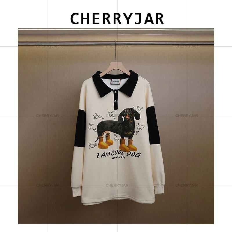 Cherryjar【10212】小众宽松拼色撞色POLO领翻领小狗穿鞋印花时尚