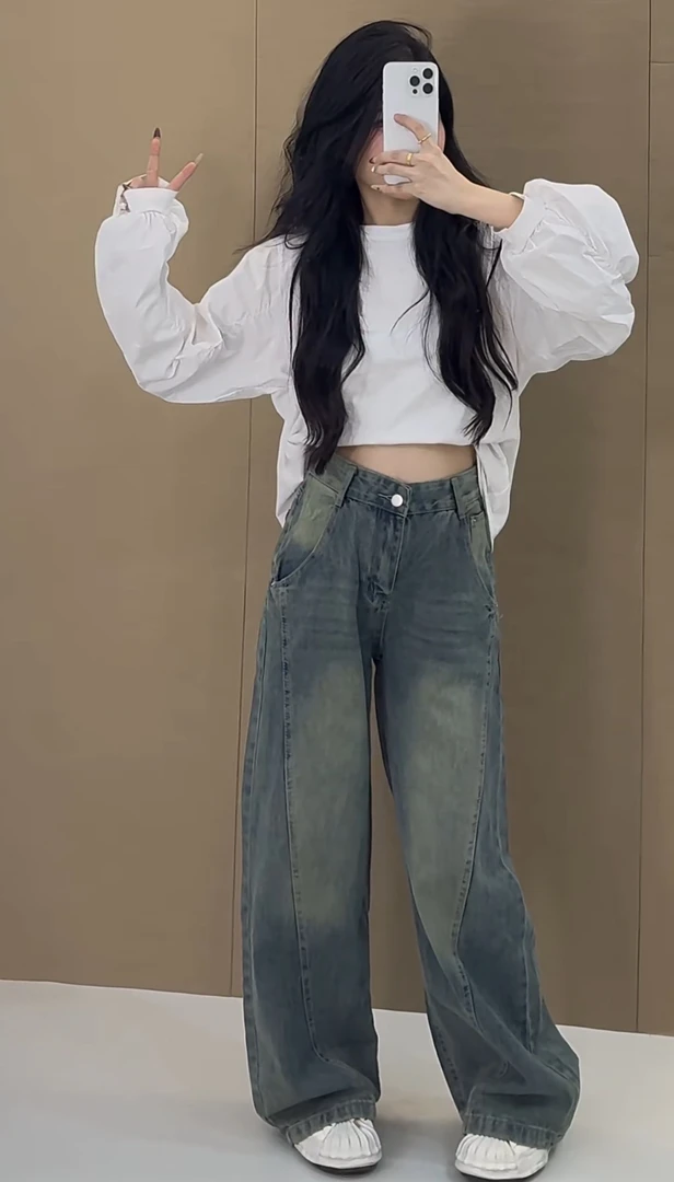 原宿复古做旧窄版阔腿裤031一