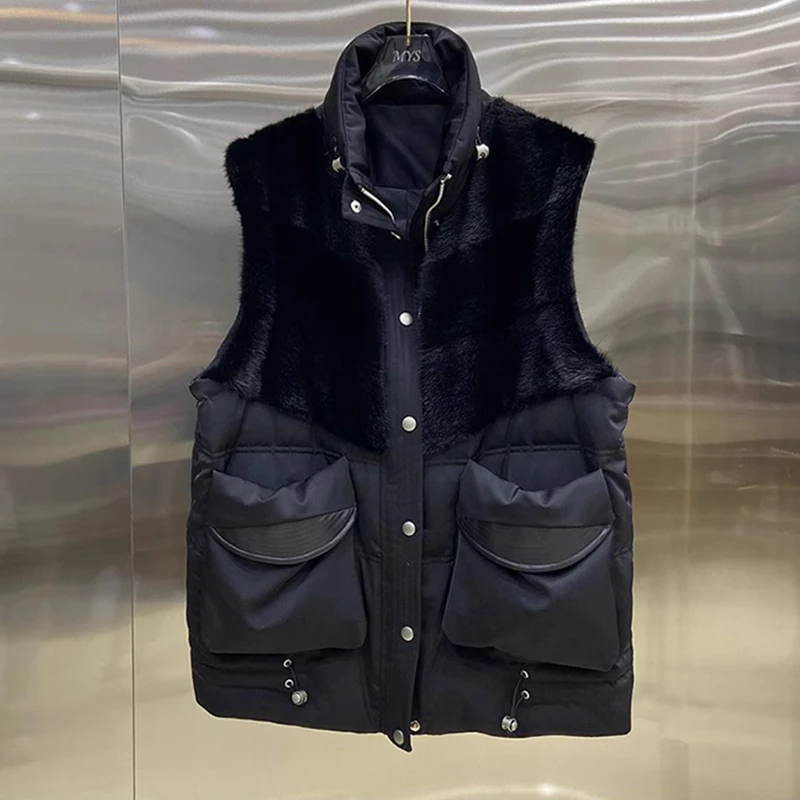 倍贝缇欧货水貂毛拼接鹅绒服马甲外套女时尚马甲背心女装上衣