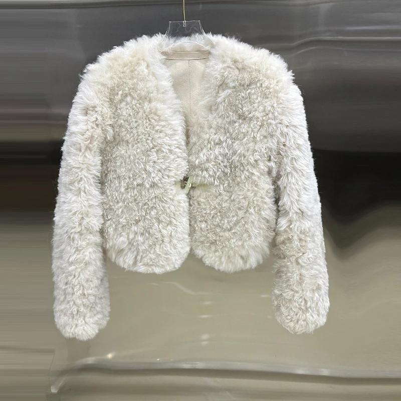 v领短款真皮羊皮毛一体托斯卡纳皮草外套2023冬季新款