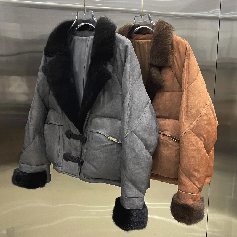 2024年新款水貂毛领皮草鹅绒服外套女短款女装上衣皮羽绒服欧货