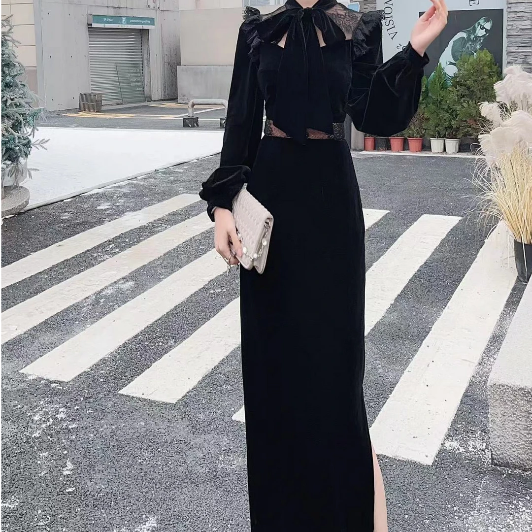 【高端定制·小众设计】精致丝绒减龄蝴蝶结气质修身连衣裙82293