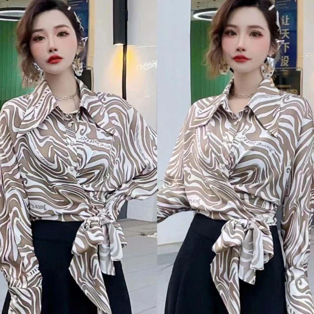 2025春款长袖斑马印花系带衬衫上衣女+垂感阔腿裤60671