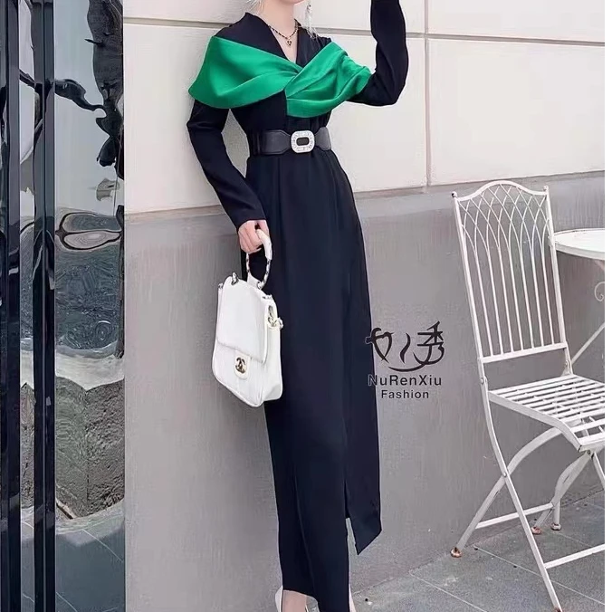 【高端定制·小众设计】时尚名媛简约修身拼色包臀开叉连衣裙82151