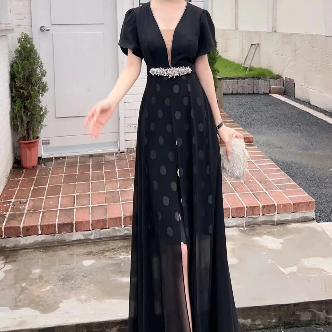 【高端定制·小众设计】时尚印花轻熟女开叉修身包臀开叉连衣裙61395