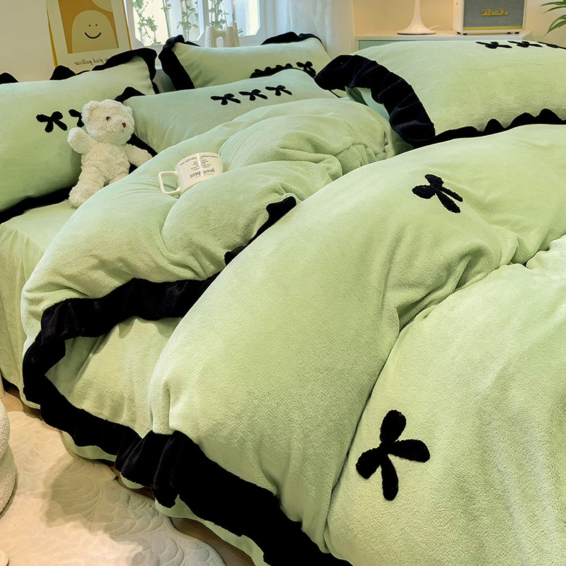 冬款公主风蝴蝶结牛奶绒四件套简约毛巾绣花边被套床单床笠床裙款