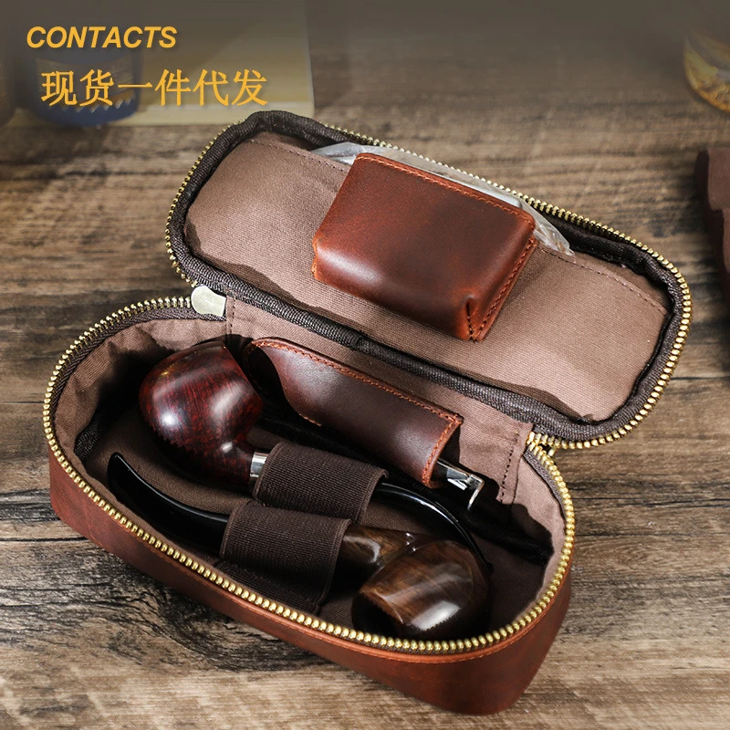 复古疯马牛皮多功能拉链烟斗包手腕带真皮烟斗可装2只收纳包便捷