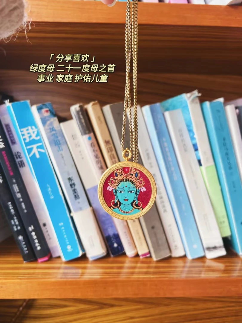 热贡纯手绘唐卡 绿度母3.5圆卡