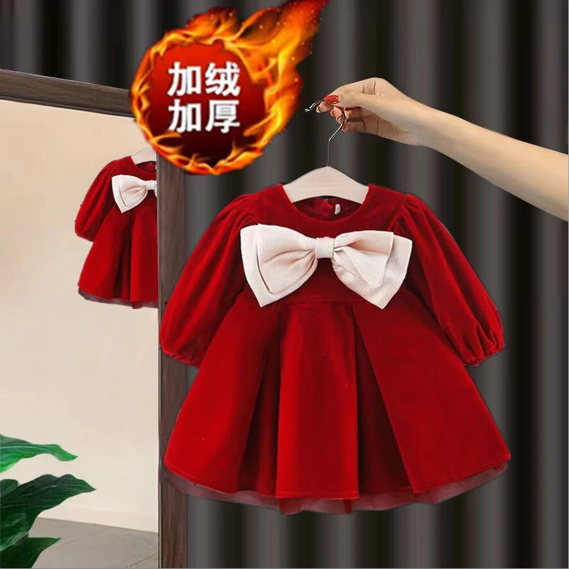 女童冬季连衣裙2023新款加绒加厚洋气儿童公主裙周岁宝宝礼服裙子