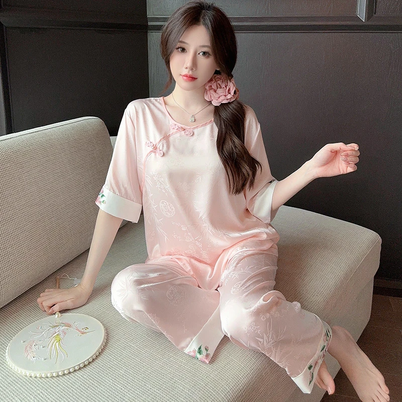 新中式睡衣夏季女冰丝国风2024新款短袖长裤高级感家居服大码套装