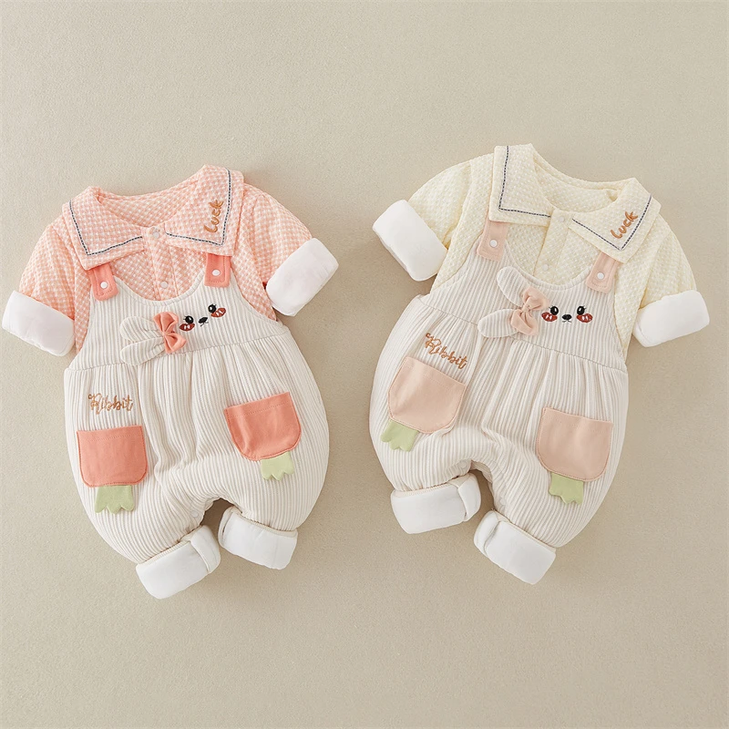 婴儿薄棉背带裤套装棉衣棉裤女宝宝外套秋冬季456789个月纯棉洋气