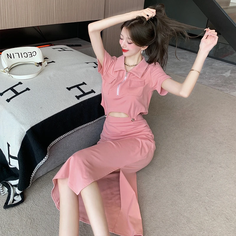 休闲套装女夏季2025新款不规则T恤包臀开叉皱褶半身裙两件套时尚