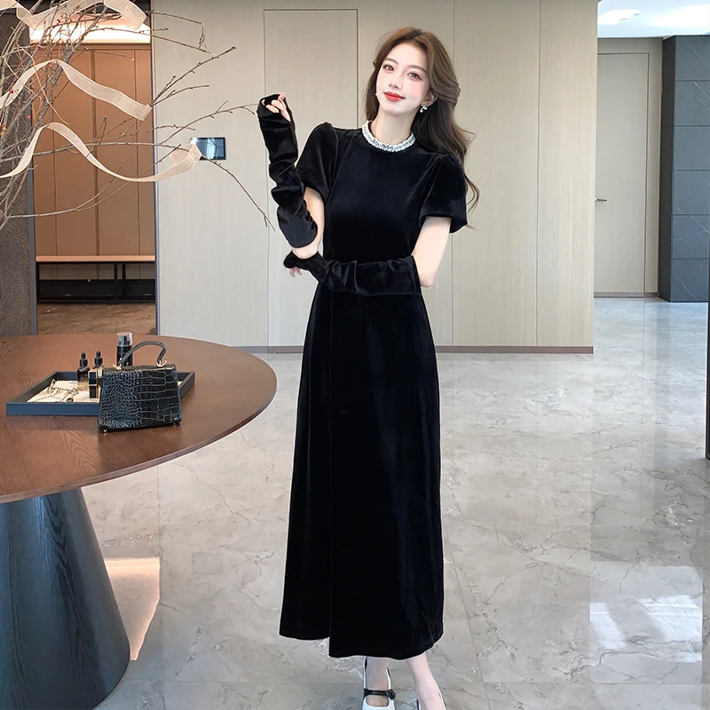 冬季时尚新款法式名媛复古气质荷叶领珍珠丝绒设计高腰修身A字裙