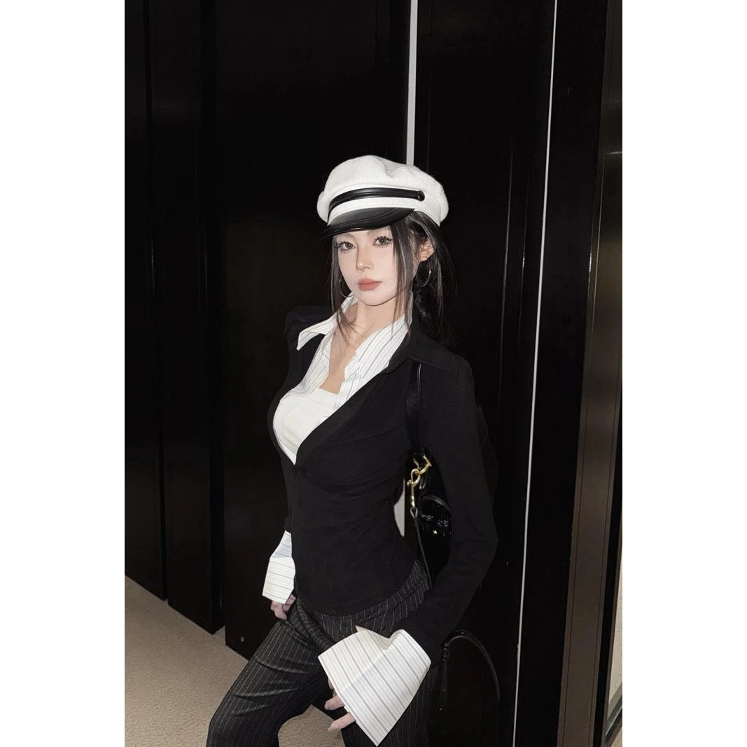 2025冬季时尚新款甜辣风编辑拼接假两件V领设计感长袖修身衬衫