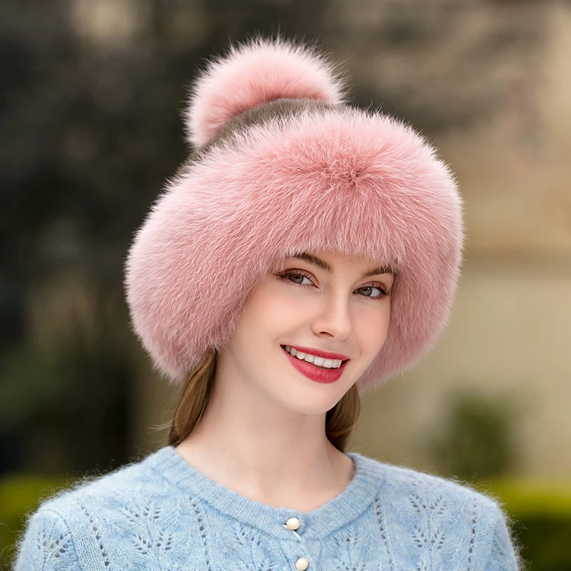 气质新款水貂毛公主帽秋冬天时尚保暖球球狐狸毛帽子皮草女帽