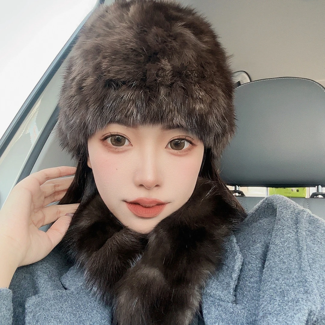 水貂毛帽子大头围显脸小帽子女冬季保暖百搭针织弹力皮草帽子新款