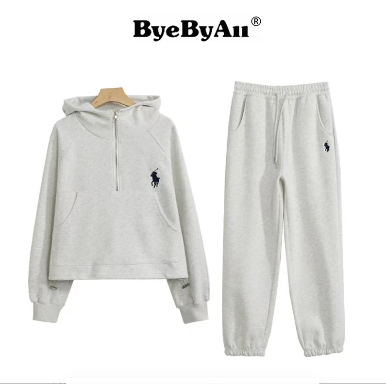 BYEBYALL 新韩版秋冬款宽松连帽刺绣半拉链套装8862