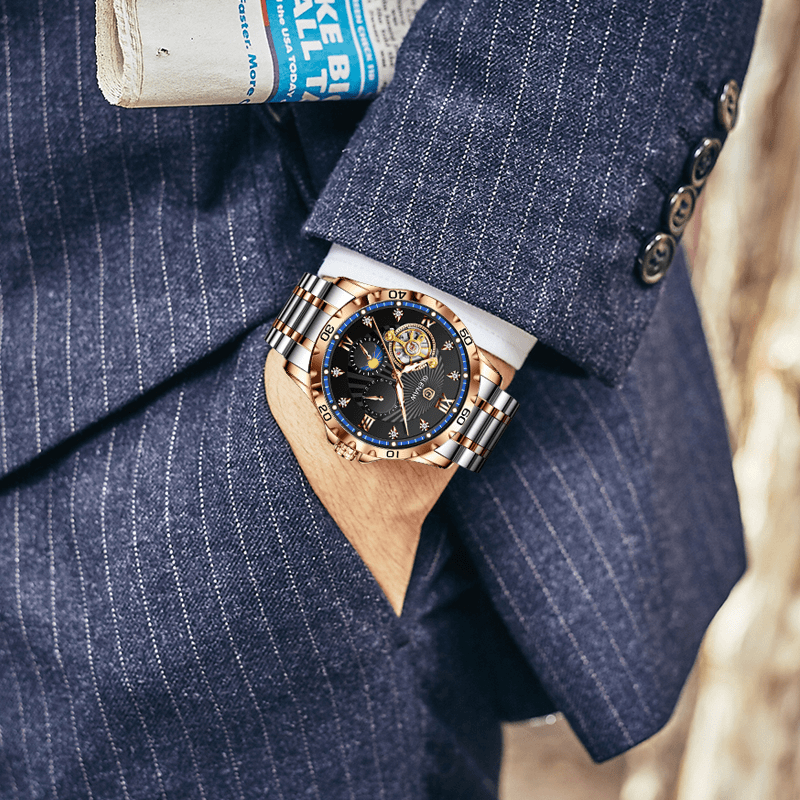 [琳达2]（玫瑰金黑面晶钻蓝）88-57镂空手表透底全自动机械表