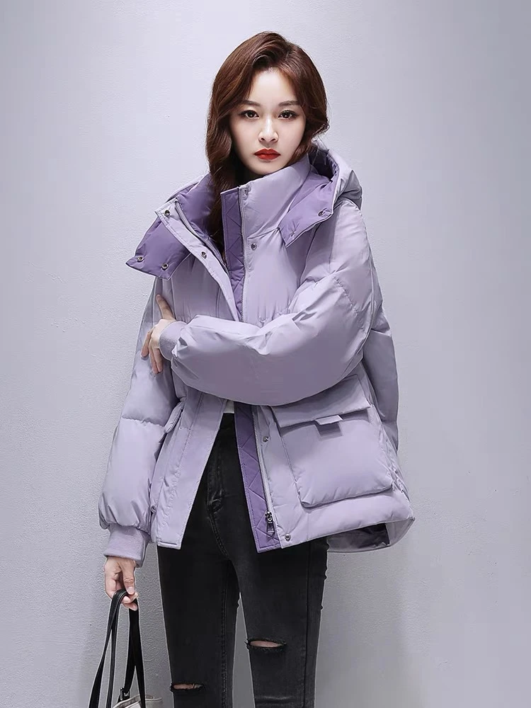 2024新款拼色面包服休闲连帽韩版棉服大口袋短款外套冬季厚棉衣V