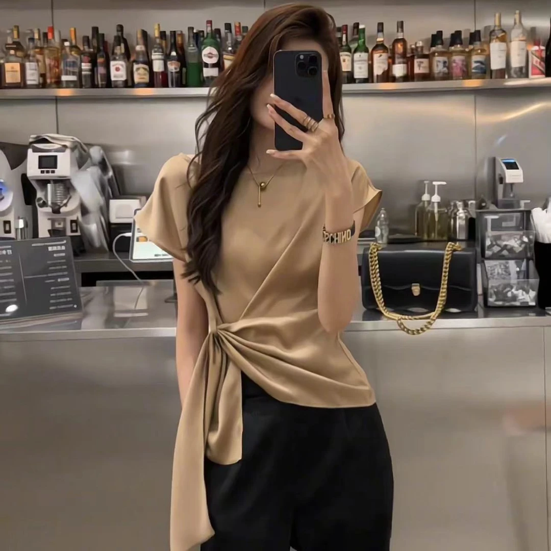 韩版系带圆领纯色短袖衬衫女夏季新款高级轻奢时髦百搭不规则上衣