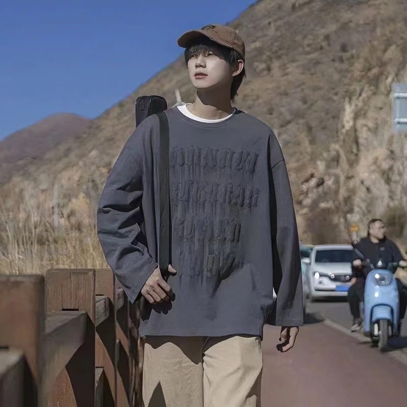 【7od】休闲时尚印花百搭圆领长袖宽松潮流打底男士春秋季男上衣ins