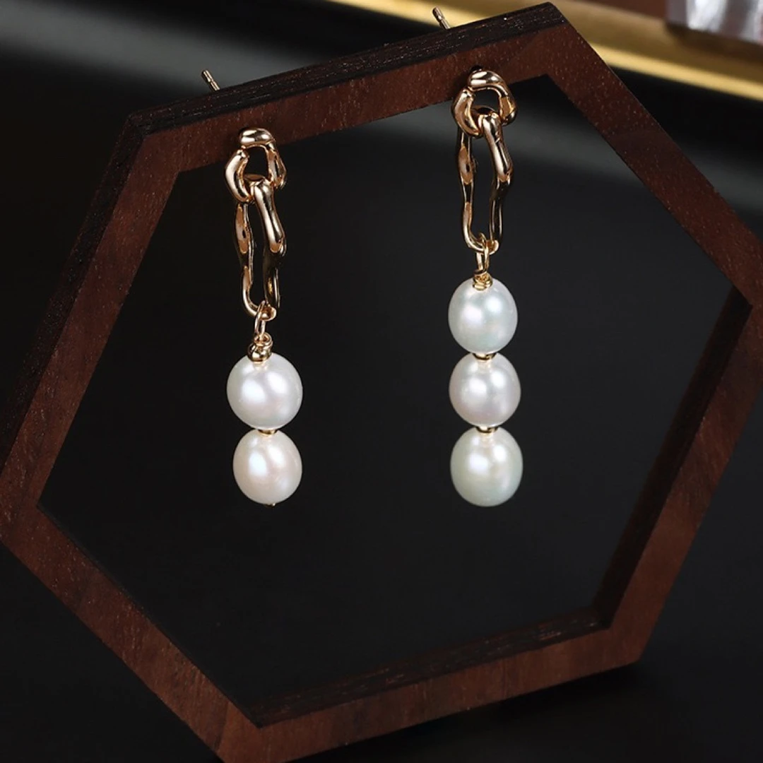 铜合金耳饰 925银针简约不规则巴洛克珠珠天然淡水耳环铜镀金耳坠