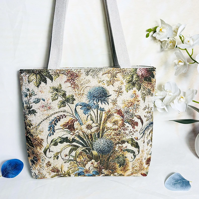 W688新款帆布包包女手提包单肩包托特包提花刺绣时尚百搭休闲