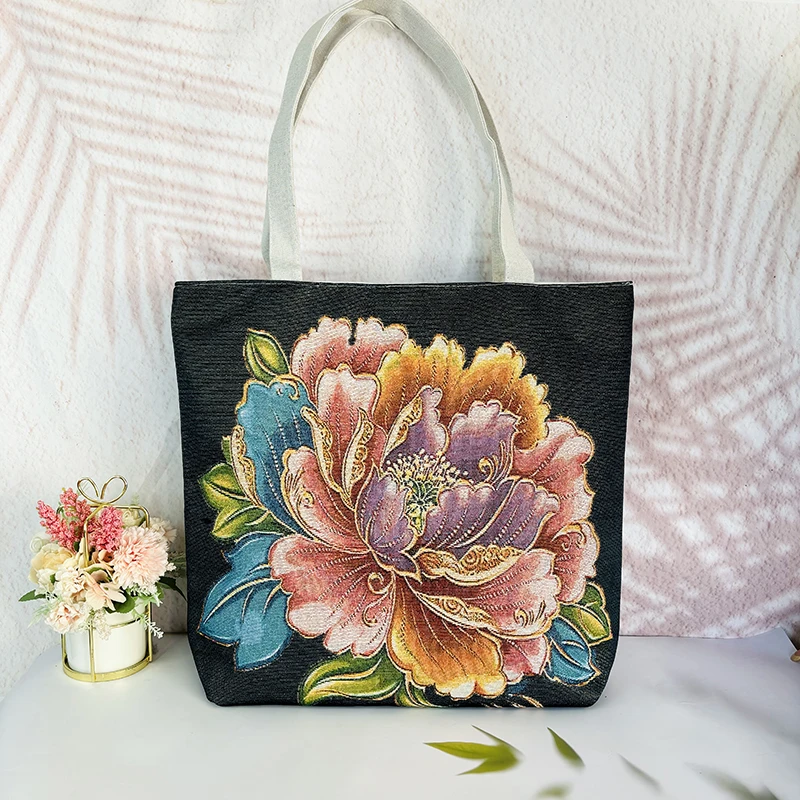 W030新款帆布包包女大容量单肩手提包托特包提花刺绣时尚百搭逛街