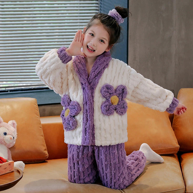 儿童法兰绒加绒秋冬季女童珊瑚绒加厚款中大童公主亲子家居服套装